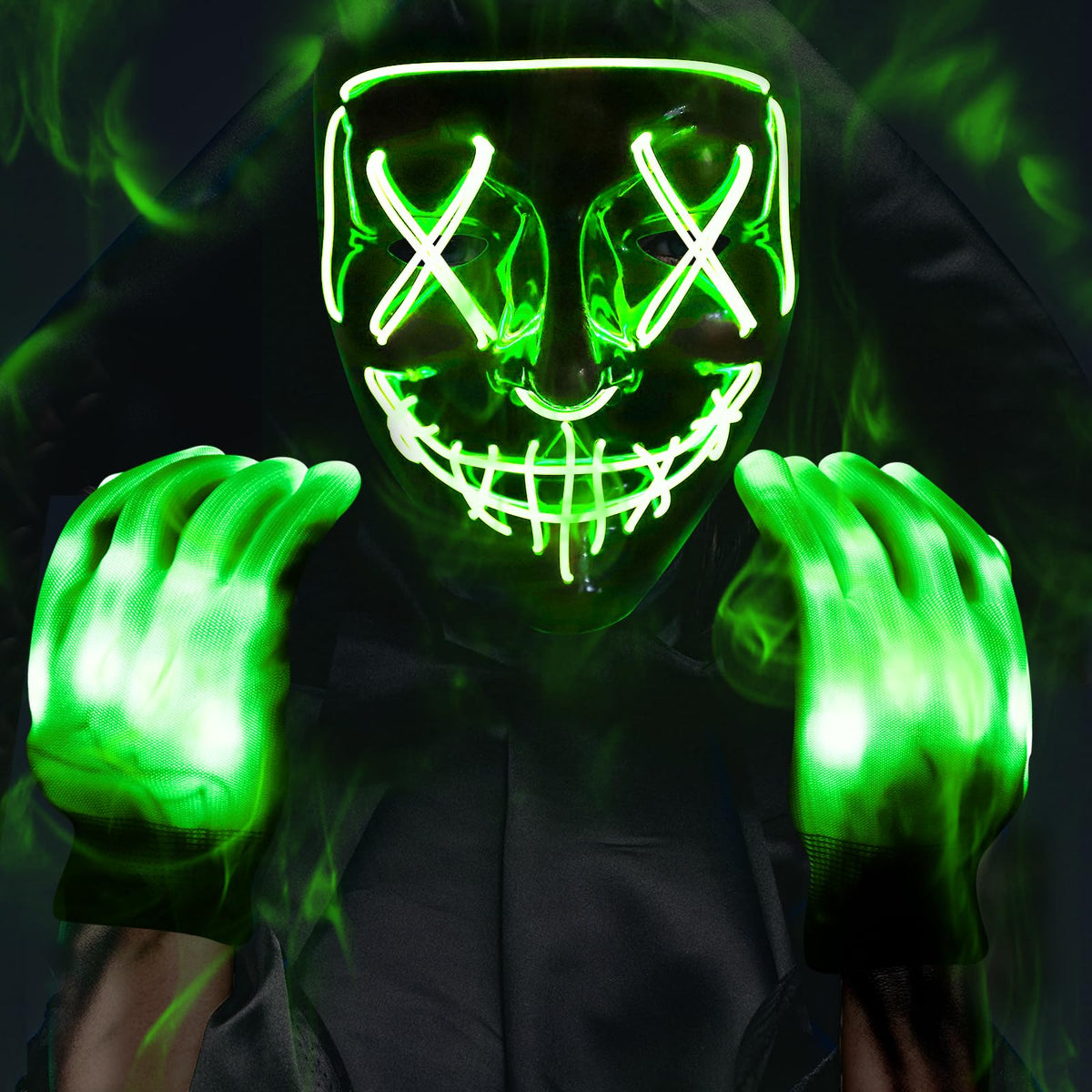 Halloween Mask And Glowing Gloves for Halloween Costume Led Light Up Scary Mask (Green)